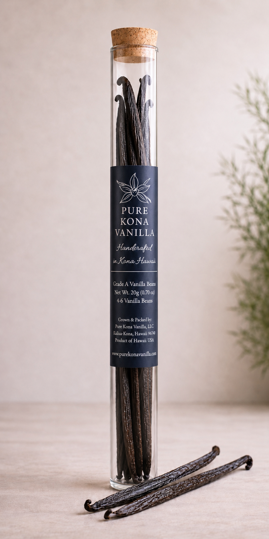Pure Kona Vanilla beans in a glass tube with a cork lid on a light background