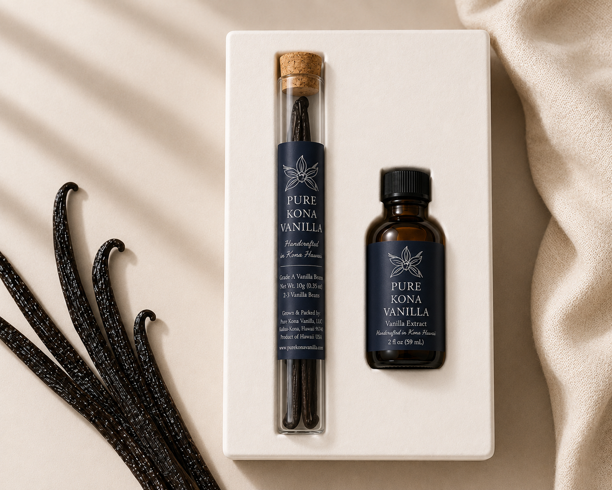 Pure Kona Vanilla Beans 10g (Grade A) and 2oz Pure Kona Vanilla Extract