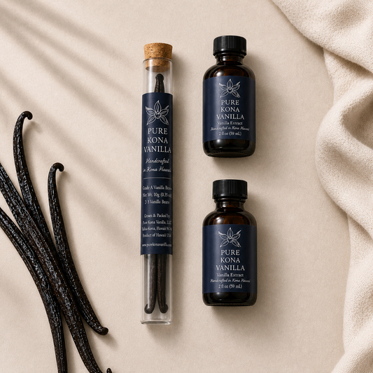 Pure Kona Vanilla Grade A Beans 10g & Two 2oz Pure Kona Vanilla Extract